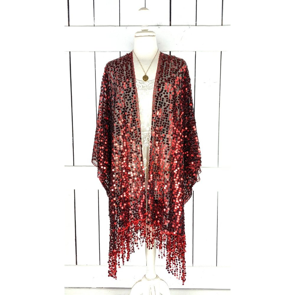 Red black sequin fringe tassel kimono cardigan cover up jacket - Picture 2 of 5